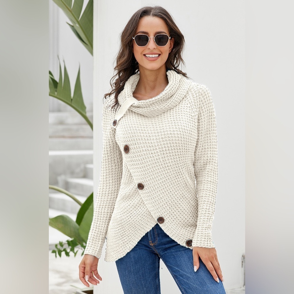 Asvivid Cream Turtle Cowl Neck Long Sleeve Wrap Asymmetric Sweaters Medium